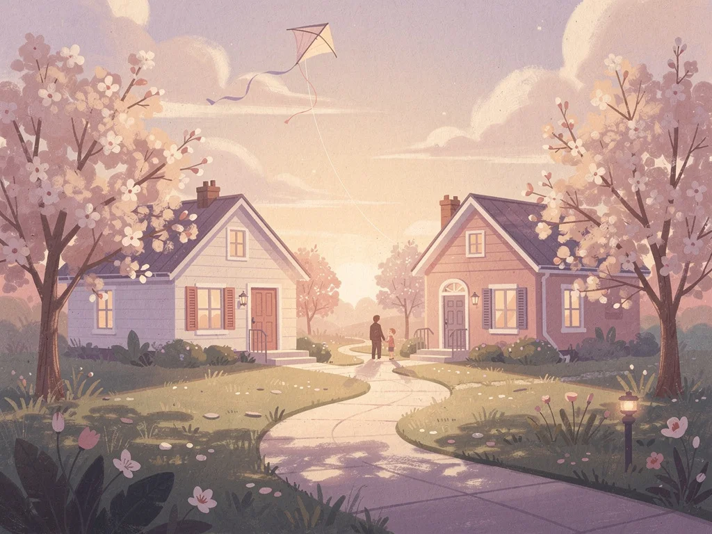 Illustration of two warm homes connected by a garden path, a parent and child walking together under blossoming trees